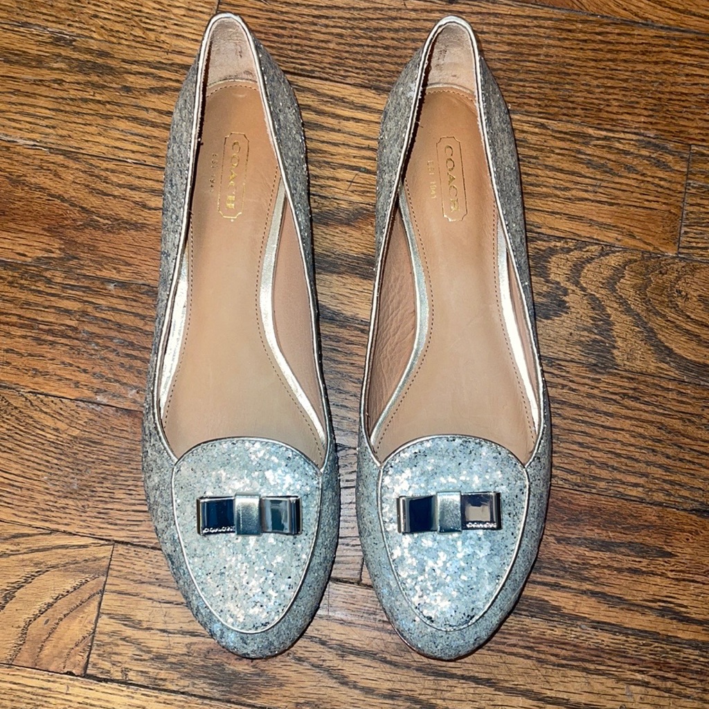 Coach Marah Glitter Bow Slip On Loafers Flats Platinum Metallic 7.5